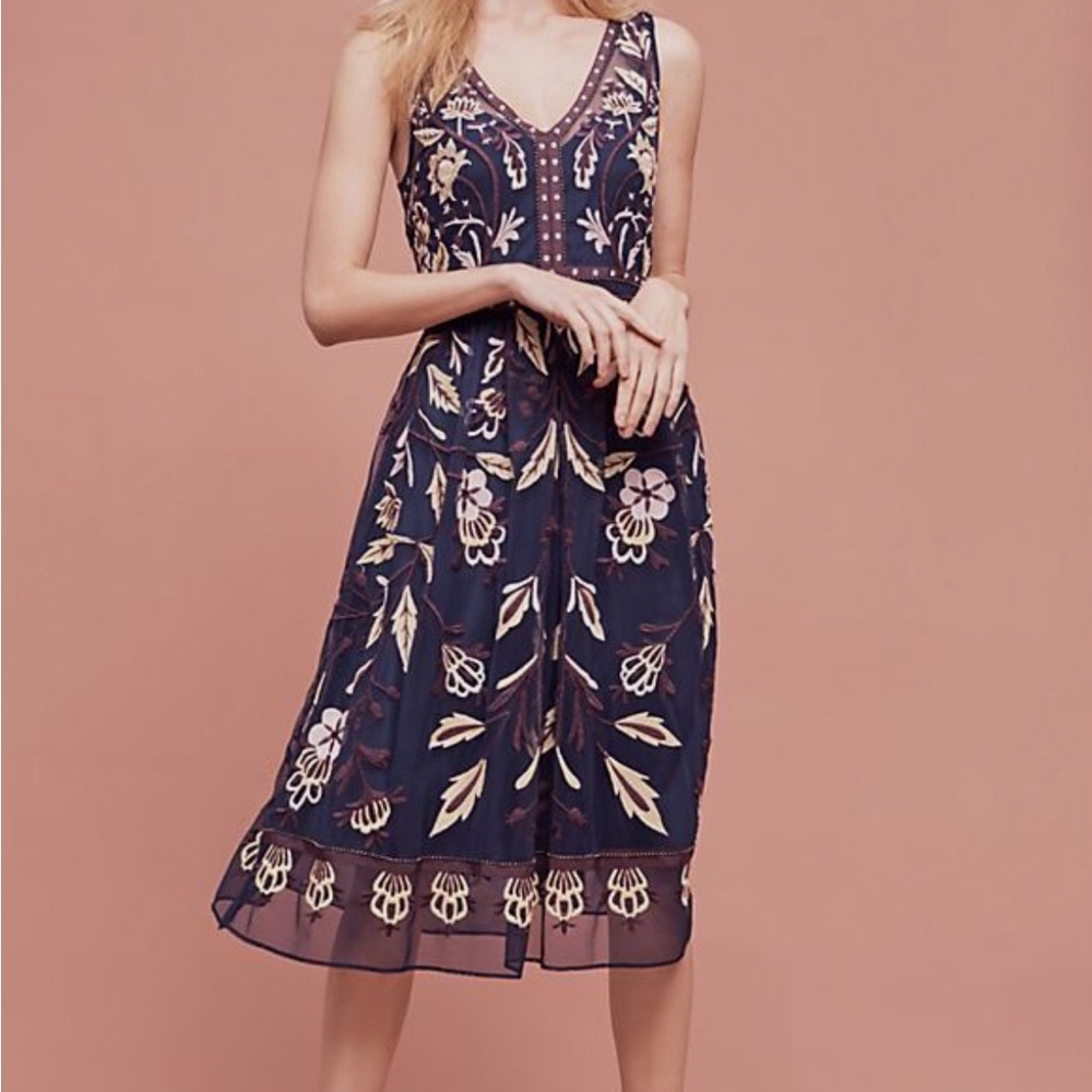 Anthro Moulinette Soeurs Purple and Cream Embroidered Midi Dress